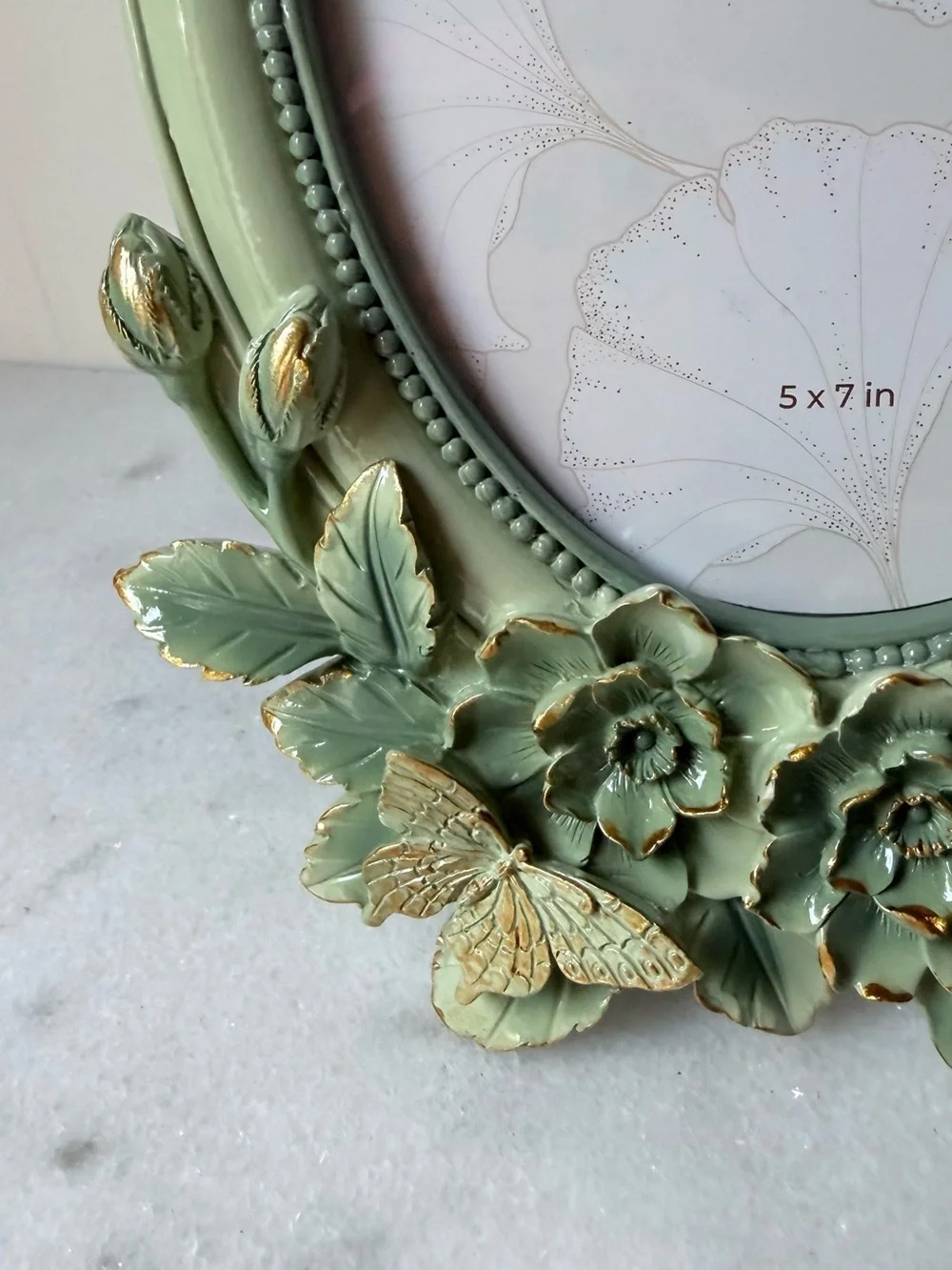 Sage Green Floral Oval Picture Frame with butterfly 5”x7” photo